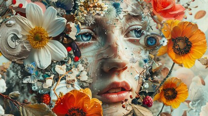 Immersive close-up capturing a surreal collage, seamlessly blending diverse textures and elements, offering a unique viewpoint for artistic endeavors.