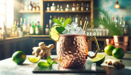 Foto auf Leinwand Chilled Moscow Mule in Copper Mug with Fresh Lime © arinahabich
