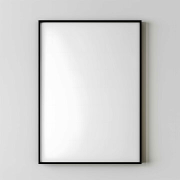 Portrait blank white picture with black frame standing on the floor, on white background for mock up, copy space.