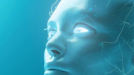 Futuristic AI robot head, sleek minimalist, engaging eye, gradient blue. AI robot head with a sleek design and a glowing eye stands out.