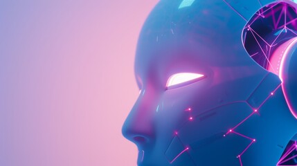 Futuristic AI robot head, sleek minimalist, engaging eye, gradient blue. AI robot head with a sleek design and a glowing eye stands out.