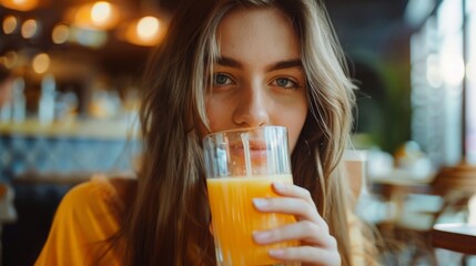 A young woman with long brown hair sips orange juice in a cafe, wearing a yellow shirt and natural makeup, exuding a calm vibe. The blurred background adds a serene touch to the scene.