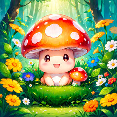 Kids illustration of a cute kawaii mushroom character in blooming magical forest