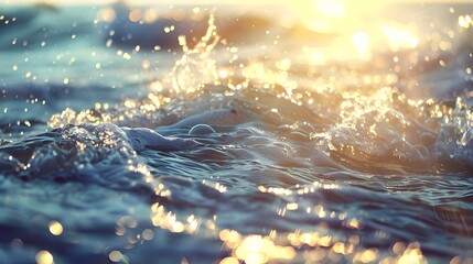 Sea waves in morning sunlight with sparkling sun. bokeh sunset glow on summer beach perfect for wallpaper backdrop - obrazy, fototapety, plakaty
