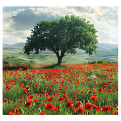 illustration landscape with poppies under a tree