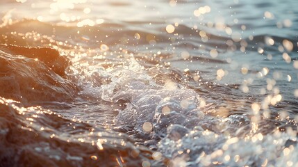Sea waves in morning sunlight with sparkling sun. beach bathed in bokeh sunset light ideal for wallpaper backdrop