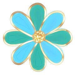 Flor de primavera hecha con técnica de óleo digital. Delineada con hoja de oro líquida, metálica y brillante. Sus pétalos son verde esmeralda y azul cielo intenso.