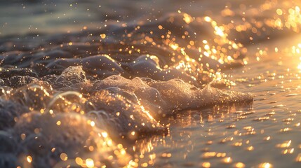 Detailed shot of sparkling sea waves in morning sunlight. beach illuminated by bokeh sunset glow ideal for backdrop
