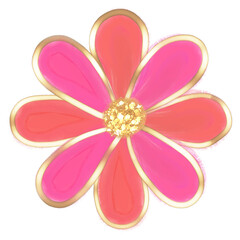 Flor de primavera hecha con técnica de óleo digital. Delineada con hoja de oro líquida, metálica y brillante. Sus pétalos son anaranjados y color de rosa intenso.