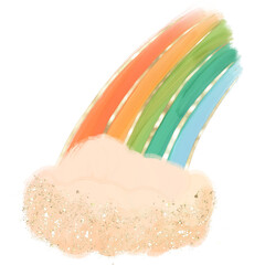 Arco iris dibujado a mano con técnica de óleo digital conun delineado metálico en color dorado. Ilustración decorativa.