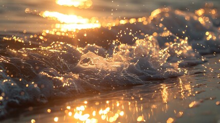Close-up view of sea waves in morning sunlight. bokeh sunset radiance on summer beach perfect for wallpaper background