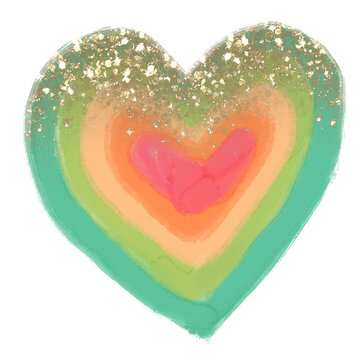 Corazón de pintura digital al óleo en colores del arco iris,  decorado en el borde superior con confeti de brillos dorados, gruesos y esparcidos. Ilustración decorativa.