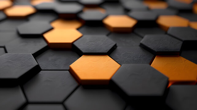 A detailed close up of a symmetrical black and orange hexagon pattern, showcasing the unique combination of colors and materials on a wooden rectangle backdrop