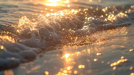 Close-up view of morning sea waves with sun's sparkle. bokeh sunset radiance on summer beach perfect for wallpaper