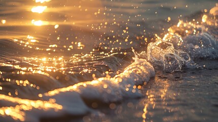 Morning sea waves with glistening sunlight. bokeh sunset light on summer beach perfect for wallpaper background - obrazy, fototapety, plakaty