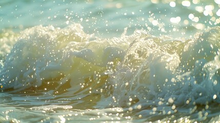Sea waves in morning sunlight with sun's sparkle. beach bathed in bokeh sunset light ideal for wallpaper backdrop