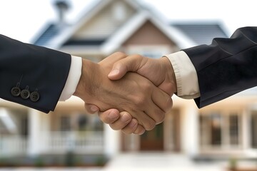 Bank loan officer congratulates customer on home loan approval with a handshake. Concept Congratulations, Banking, Home Loan Approval, Customer Service, Handshake - obrazy, fototapety, plakaty