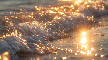 Close-up of sea waves in morning sunlight. bokeh sunset glow on summer beach perfect for wallpaper backdrop