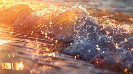 Sea waves in morning sunlight with sun's sparkle. beach bathed in bokeh sunset light ideal for wallpaper backdrop