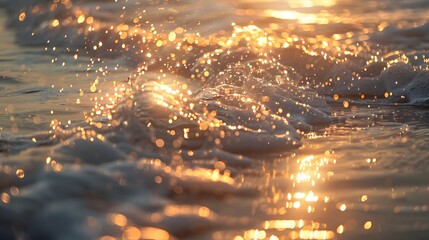 Detailed shot of sparkling sea waves in morning sunlight. beach illuminated by bokeh sunset glow ideal for backdrop