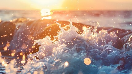 Close-up of sparkling sea waves in morning sunlight. bokeh sunset glow on summer beach perfect for wallpaper