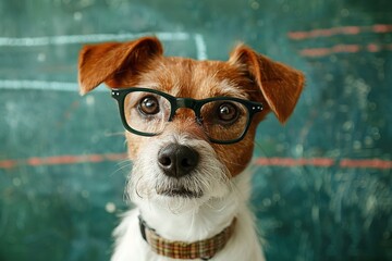 cute clever dog in glasses on the background of a school board - obrazy, fototapety, plakaty