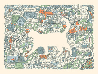 Colored doodle illustration on the theme of cats. Drawing for packaging, interior, napkins, post cards