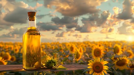 Bottle with oil on the background of a field with sunflowers