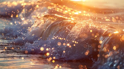 Morning sea waves under the shimmering sun. bokeh sunset light on summer beach perfect for wallpaper background
