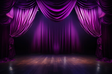 scene background, violet curtain on stage of theater or cinema slightly ajar with wooden floor