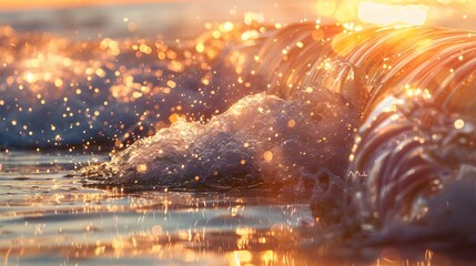 Close-up of sea waves in morning sunlight. bokeh sunset glow on summer beach perfect for wallpaper backdrop