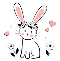 Cute bunny with flowers on white background. Doodle