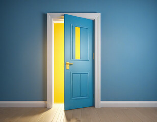 3d render, open blue door isolated on blue background, yellow light going through the slot. Architectural design element. Modern minimal concept. Opportunity metaphor.