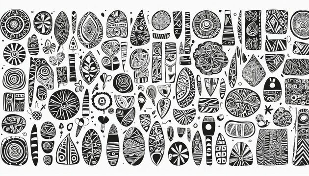 Abstract black and white african art shapes collection, tribal doodle decoration set. Random ethnic shapes, animal print texture and traditional hand drawn icons.