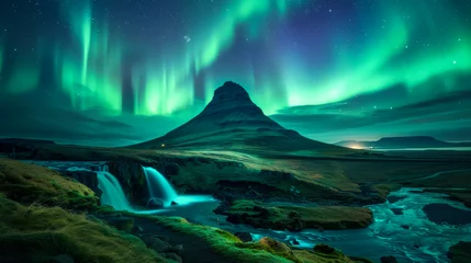 Crédence de cuisine en verre imprimé Kirkjufell A beautiful landscape with a waterfall and a green mountain. The sky is filled with auroras, creating a serene and peaceful atmosphere