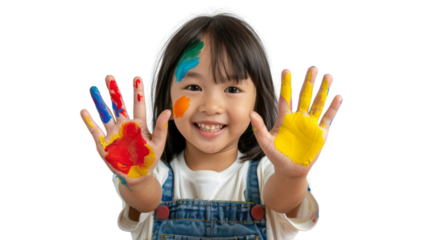 Portrait of a child with hands dirty from paint