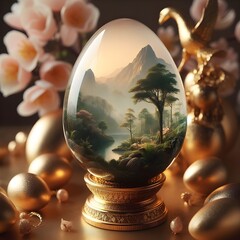 Happy easter a clear white-gold egg with a beautiful aquarium forest life sapling inside with lighting bokeh background ai generate	
