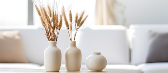 Arrangement of three ceramic vases displaying dry plant branches sitting on a wooden table