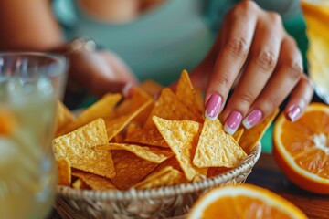 A close-up shot of an African American woman's hand reaching for tortilla chips in the basket Generative AI