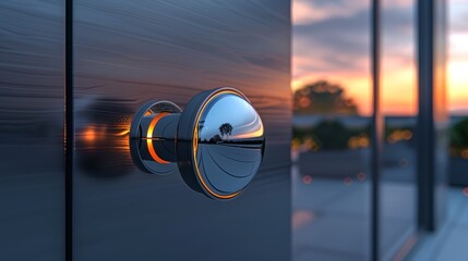 A modern round door knob on a sleek, contemporary door. Door handle. Concept of home entrance, warmth, cozy ambiance, welcoming spaces, and hospitable areas. - obrazy, fototapety, plakaty