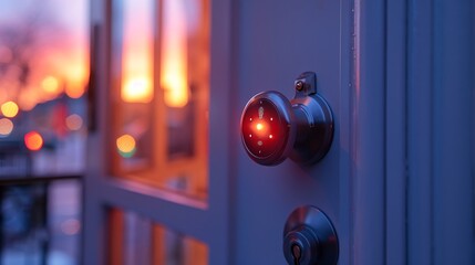 A modern smart door knob on a sleek, contemporary door, featuring a digital keypad and fingerprint recognition for enhanced home security. Concept of home security, smart living, and access control.