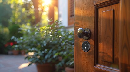 Wooden door with a round doorknob. Classic door handle on a sunny day. Concept of home entrance, warmth, traditional design, and welcoming spaces. - obrazy, fototapety, plakaty