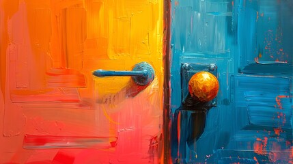 Colorful door with painted doorknob. Artistic door handle on an abstract background. Concept of artistry, creativity, vibrant designs, and expressive decor. Oil painting style