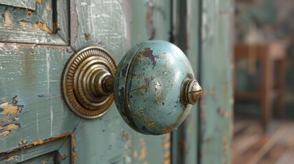 Vintage doorknob on a distressed door. Antique handle on a worn wooden surface. Concept of history, aged architecture, and timeless design.