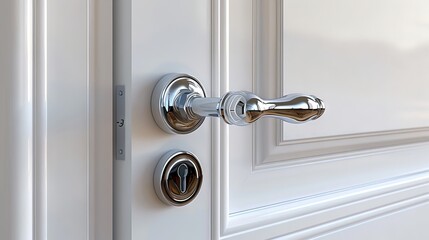 Elegant doorknob on a white door. Polished door handle in a modern home. Modern sleek white Nickel Latch Door Handle. Concept of luxury, clean design, and sophisticated interiors.