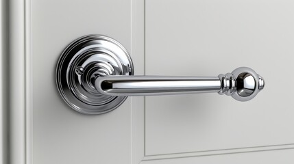 Elegant doorknob on a white door. Polished door handle in a modern home. Modern sleek white Nickel Door Handle. Concept of luxury, clean design, and sophisticated interiors.