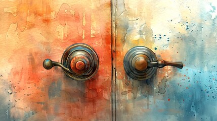 Artistic Watercolor illustration of door knobs on bright door. Door handles. Concept of home entrance, warmth, cozy ambiance, welcoming spaces, and hospitable areas. Watercolor splash. Aquarelle art - obrazy, fototapety, plakaty