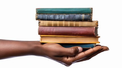 African American hand holding stack of hardcover books. Collection of old books in black female hand. Concept of traditional knowledge, classic literature, intellectual heritage. White background
