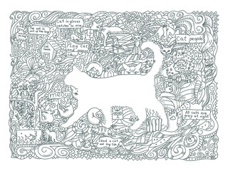 Black and white doodle illustration on the theme of cats with transparent background. Drawing for packaging, interior, napkins, post cards