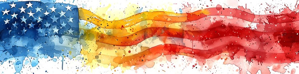 Watercolor art of the American flag. Fluid blend of red, white, and blue. Concept of American culture, patriotism, national pride, and freedom expression. Banner. Copy space - obrazy, fototapety, plakaty
